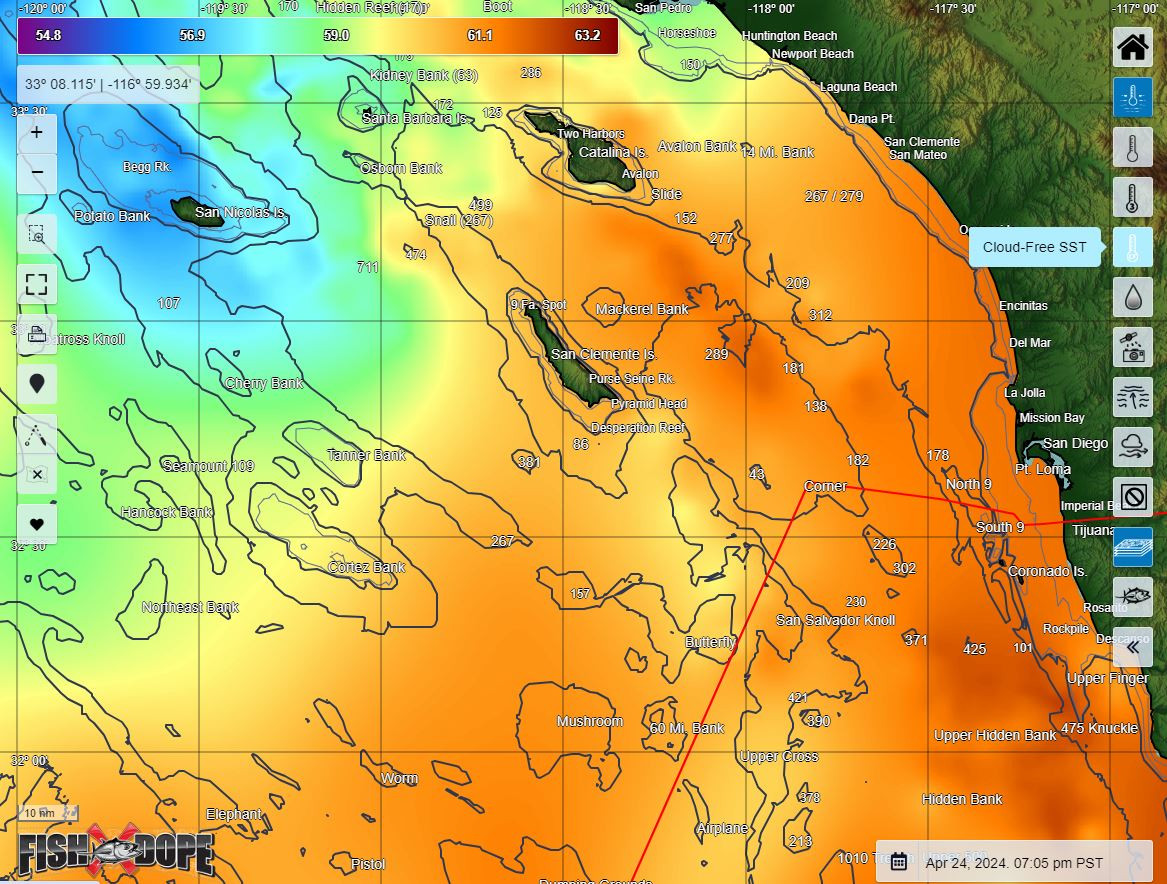 Fishdope cloud-free sea surface temperature fishing map